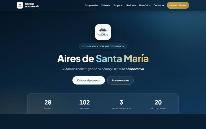 Sitio de la Cooperativa Aires de Santa María: portada con el proyecto y sus cifras.